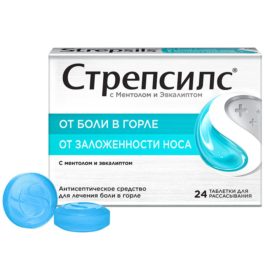 Стрепсилс таблетки для рассасывания, ментол-эвкалипт, 24 шт.
