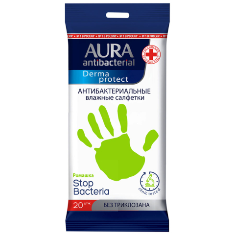 Aura antibacterial derma protect салфетки влажные очищающие антибактериальные ромашка, 20 шт.