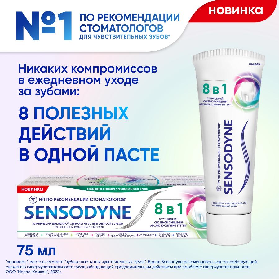 Зубная паста Sensodyne 8 в 1 комплексный уход для чувствительных зубов с фтором, 75 мл