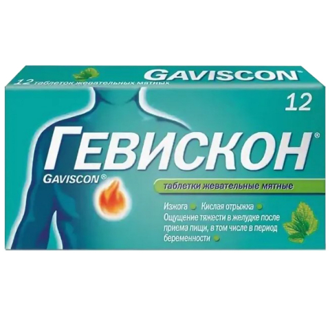 Гевискон 250 мг таблетки жевательные мята, 12 шт.