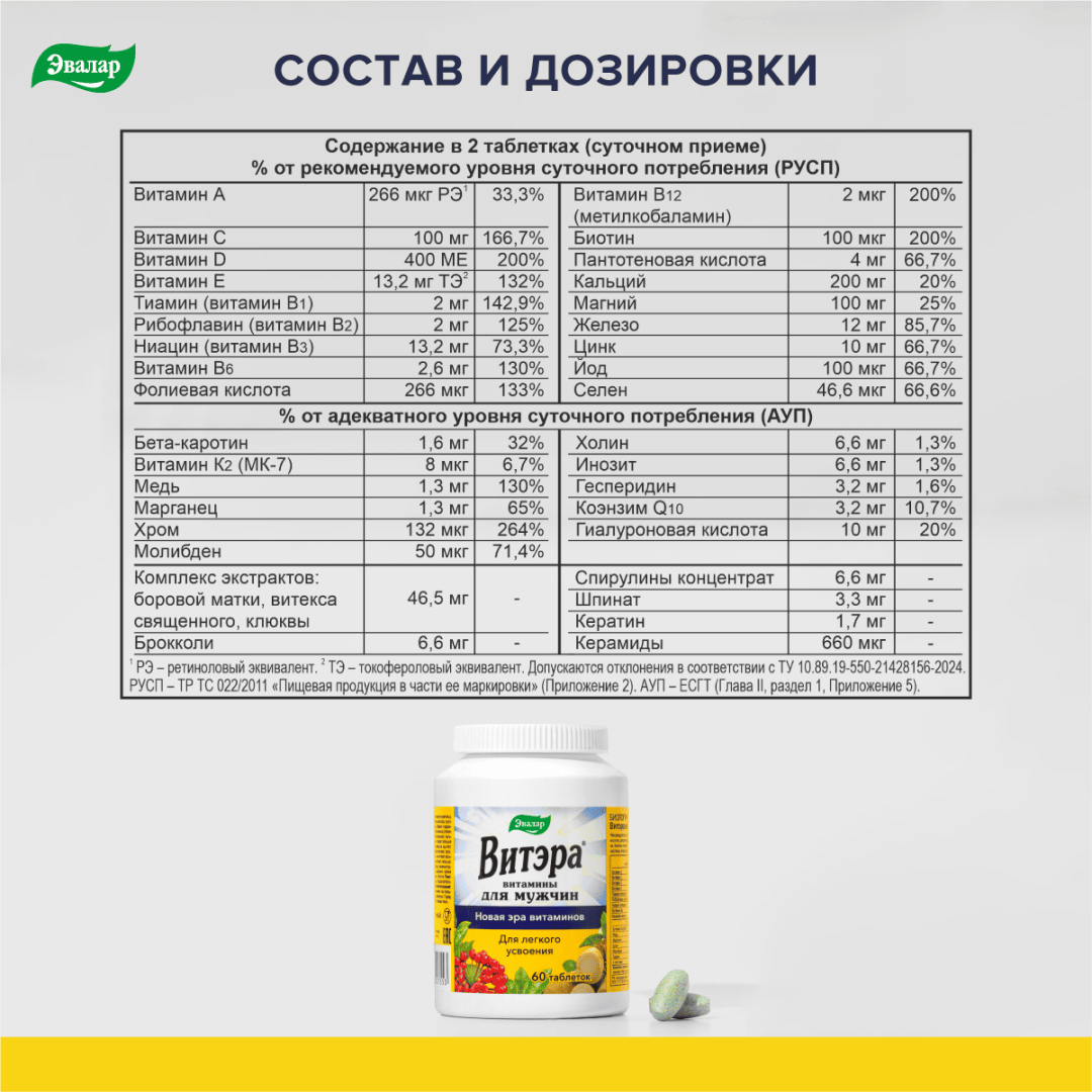 Витэра витамины для мужчин по 1,3г таблетки, 60 шт.