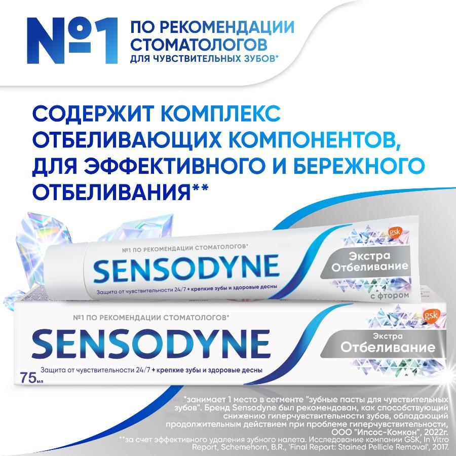 Зубная паста Sensodyne экстра отбеливание для чувствительных зубов с фтором, 75 мл