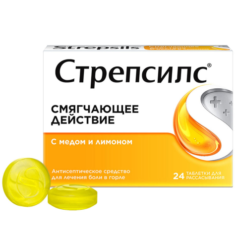 Стрепсилс таблетки для рассасывания, мед-лимон, 24 шт.