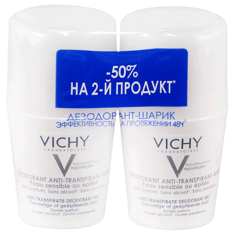 Vichy deodorants шариковый дезодорант для очень чувствительной кожи 50 мл 2 шт.